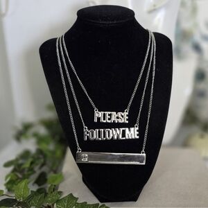 Silver 3 Tier Novelty Necklace Please Follow Me @ Address Bar